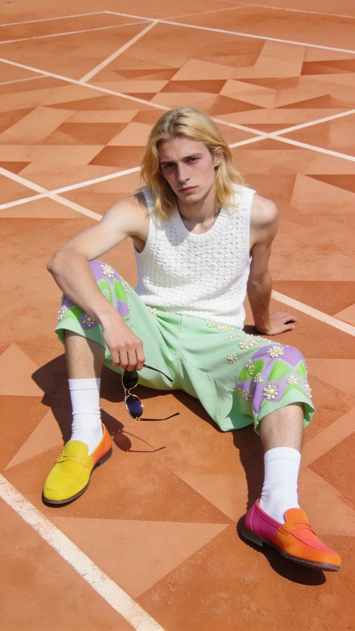 Jeune homme en débardeur blanc et short fleuri multicolore, assis sur un sol orange à motifs géométriques.