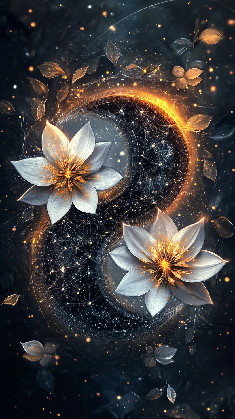 Simbolo yin yang simmetrico con armonia floreale luminosa