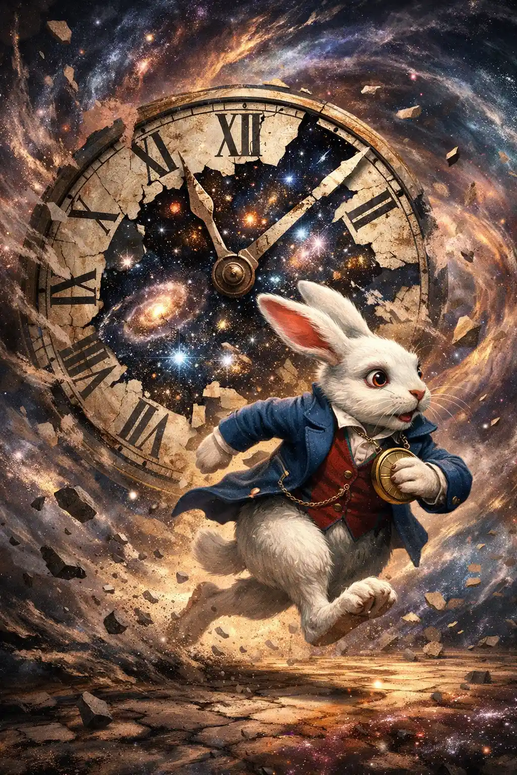 White rabbit fleeing a shattered cosmic clock face