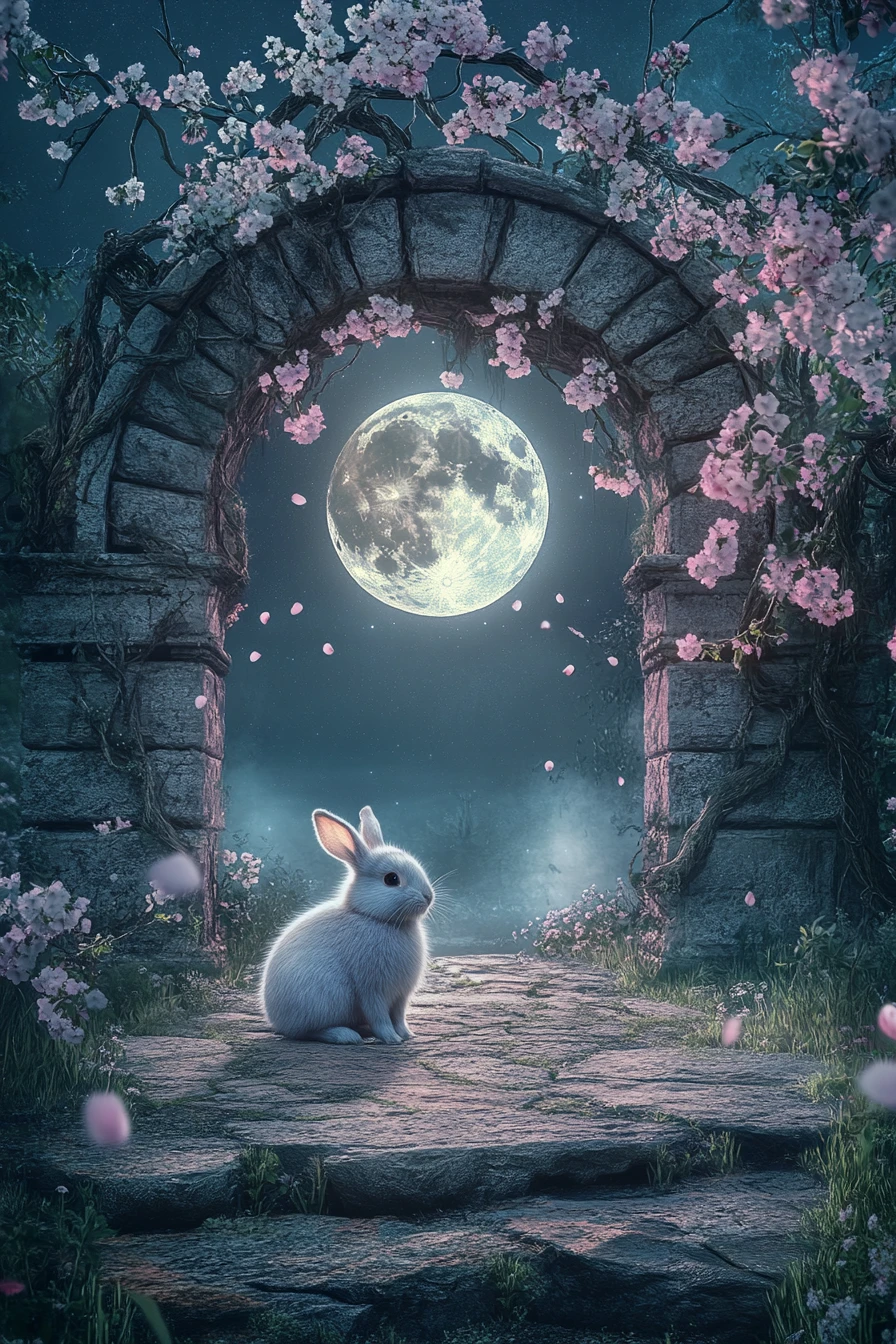 Solitary rabbit beneath a glowing moonlit stone archway