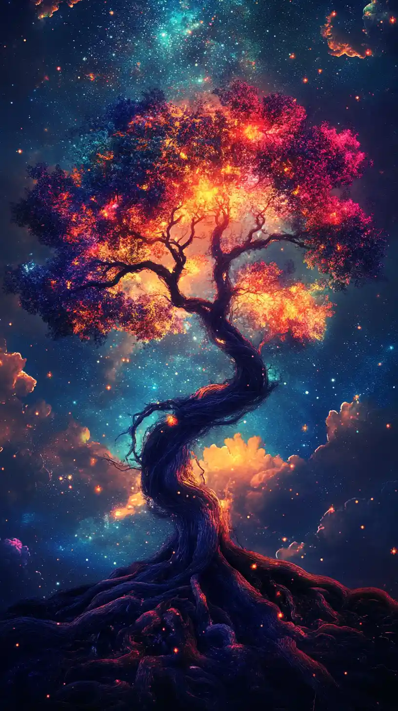 Glowing cosmic tree reaching into a starry night sky