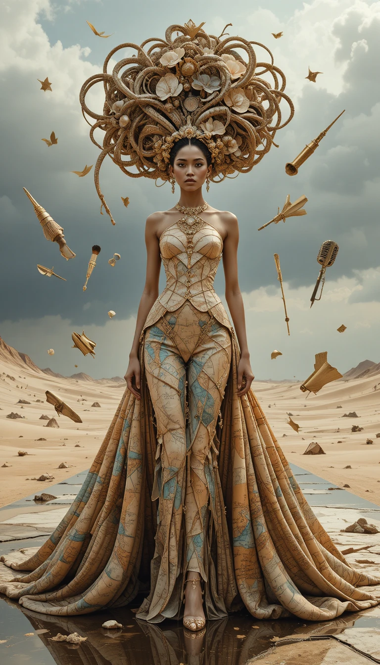 Surreal fashion model in a mirrored desert landscape