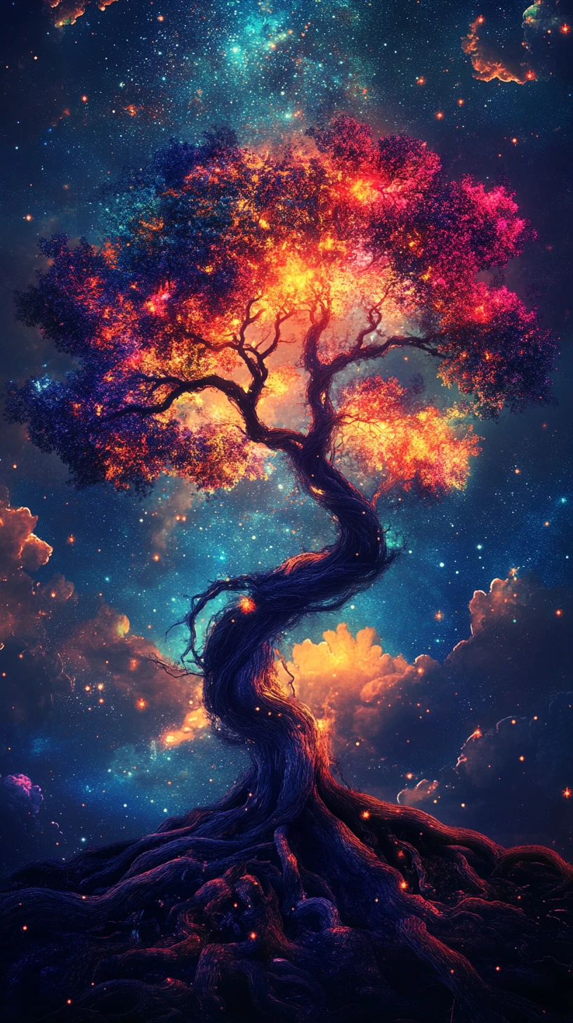 Glowing cosmic tree reaching into a starry night sky
