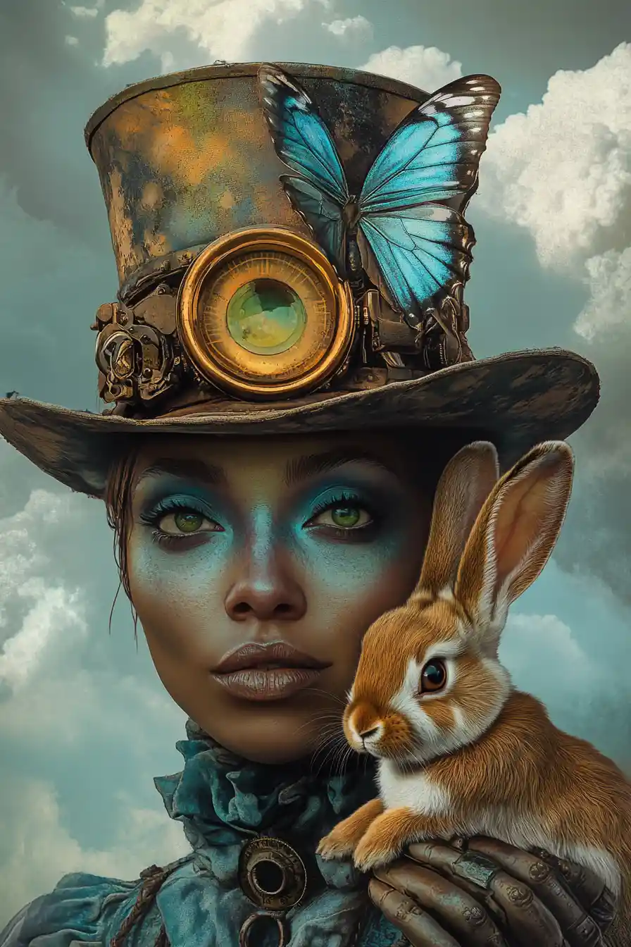 Retrato steampunk fantasioso con conejo y mariposa