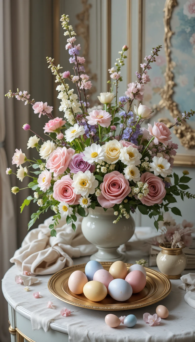 Elegante Frühlingsblumenarrangement mit Ostereiern auf dem Tisch