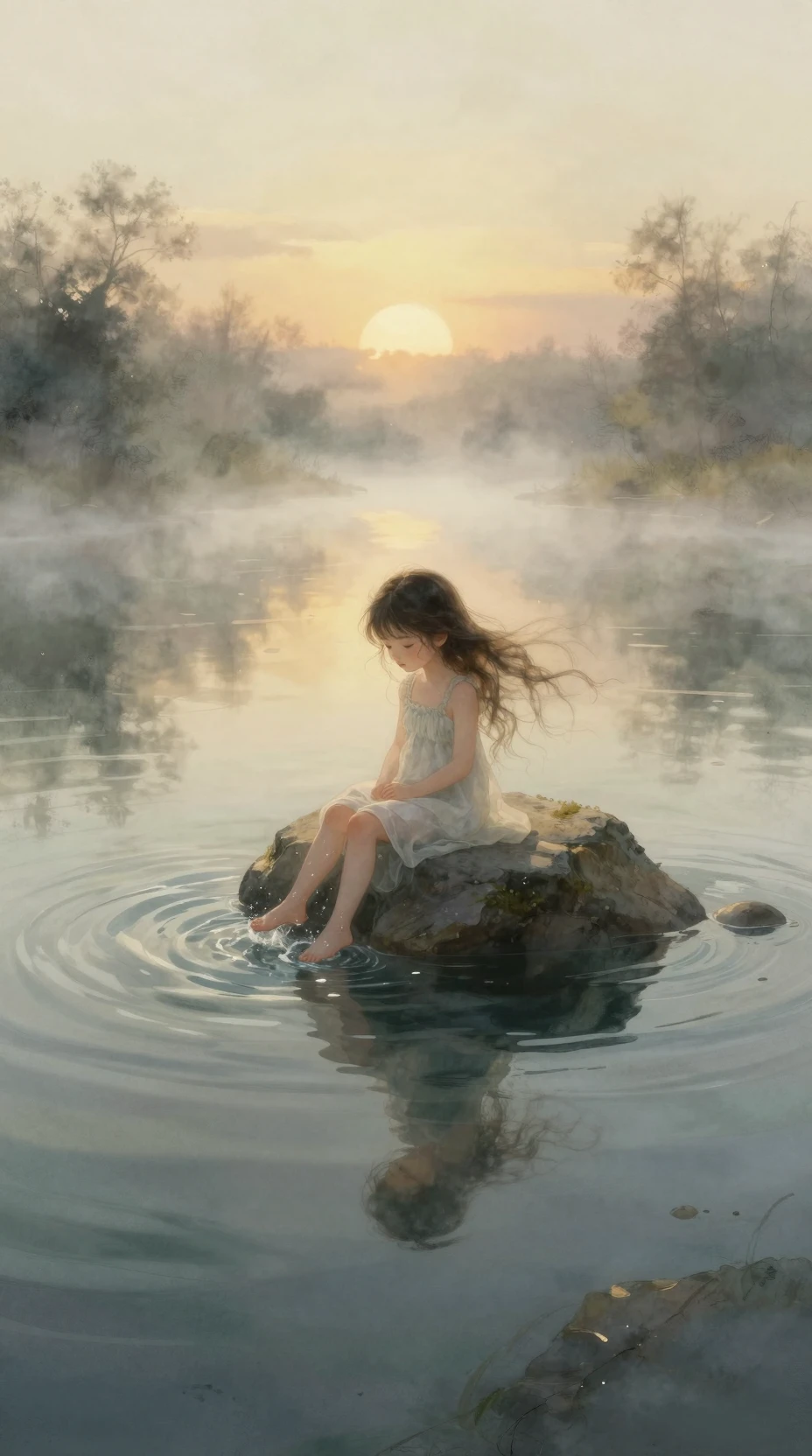 霧の川で岩に座るちびキャラの水彩画の少女