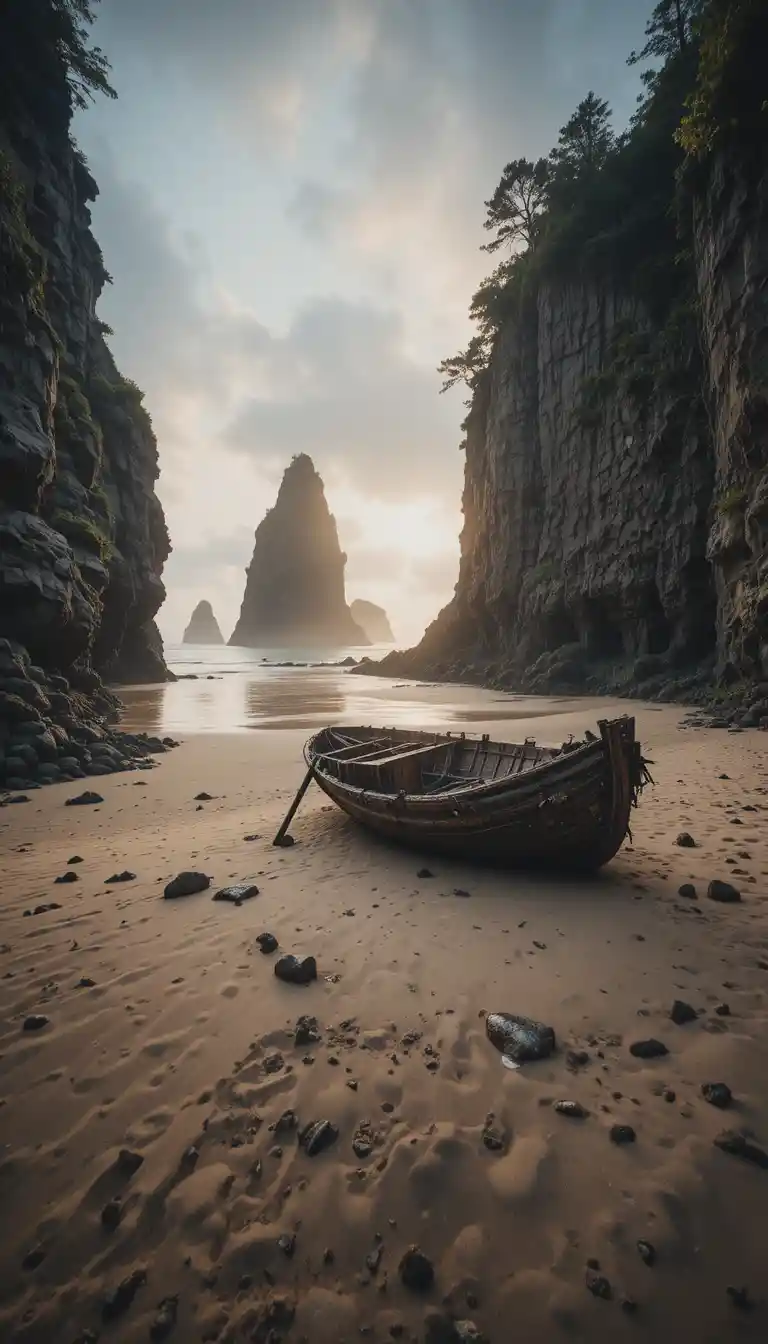 Alba tranquilla su una solitaria baia rocciosa