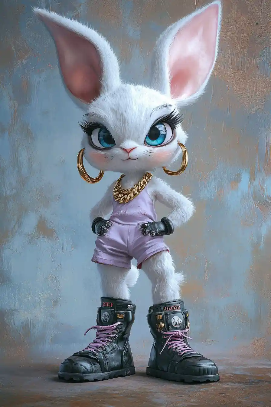 Hip hop cartoon rabbit girl holding a basket of chicks