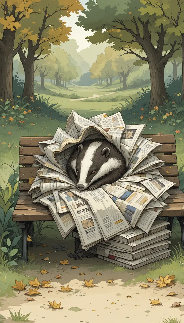 Sleepy badger nesting in papers on a quiet park bench
