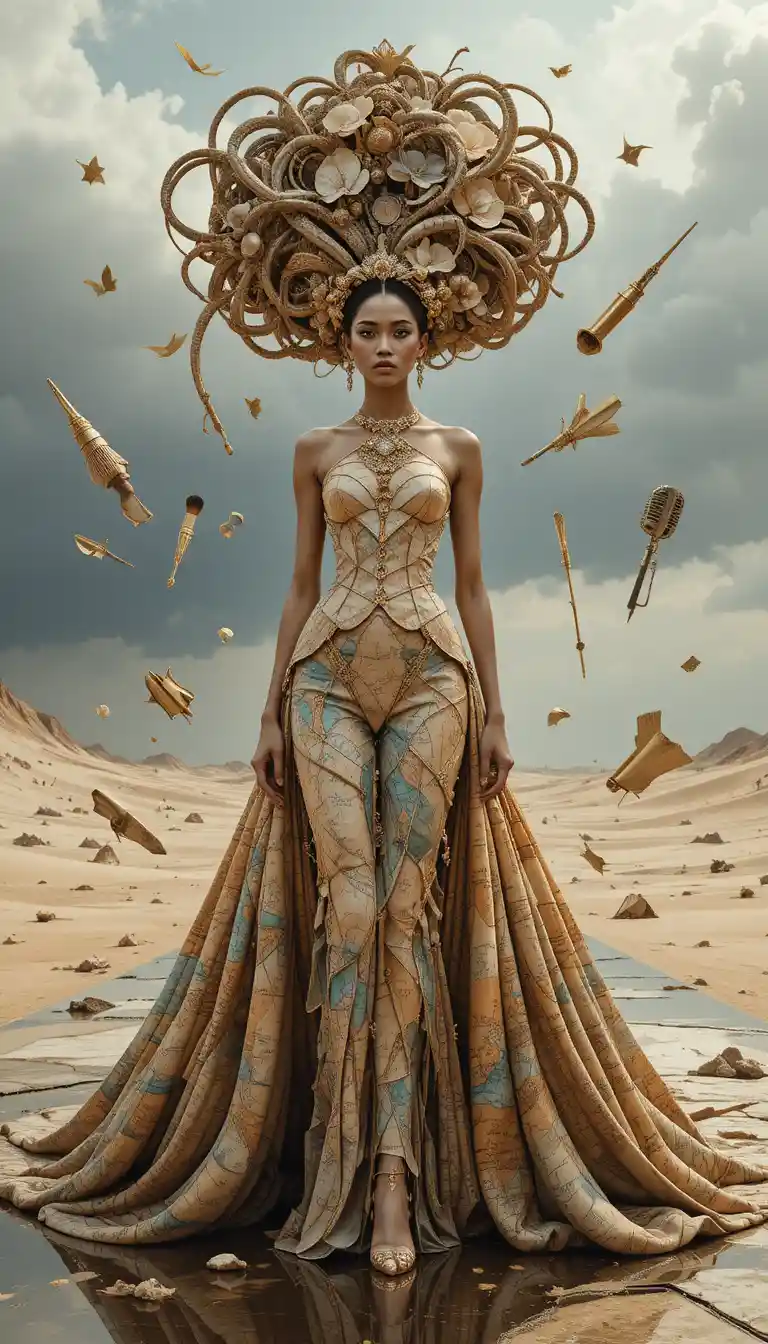 Surreal fashion model in a mirrored desert landscape
