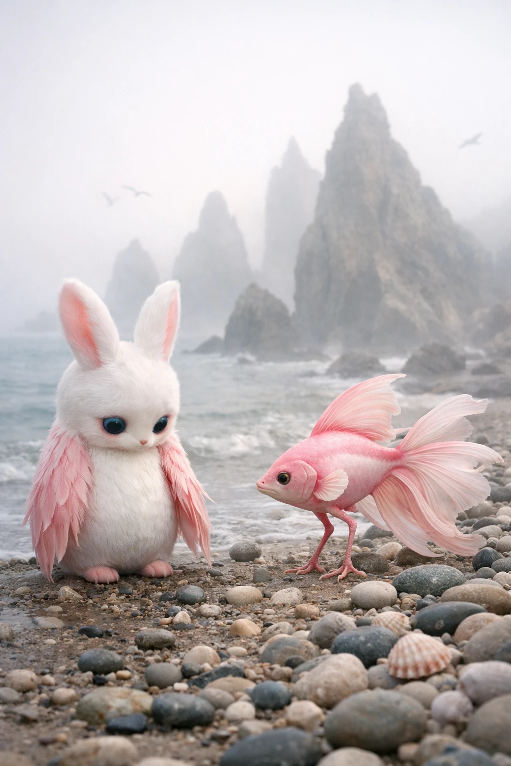 Verspieltes hasenähnliches Wesen an einem nebligen surrealen Strand