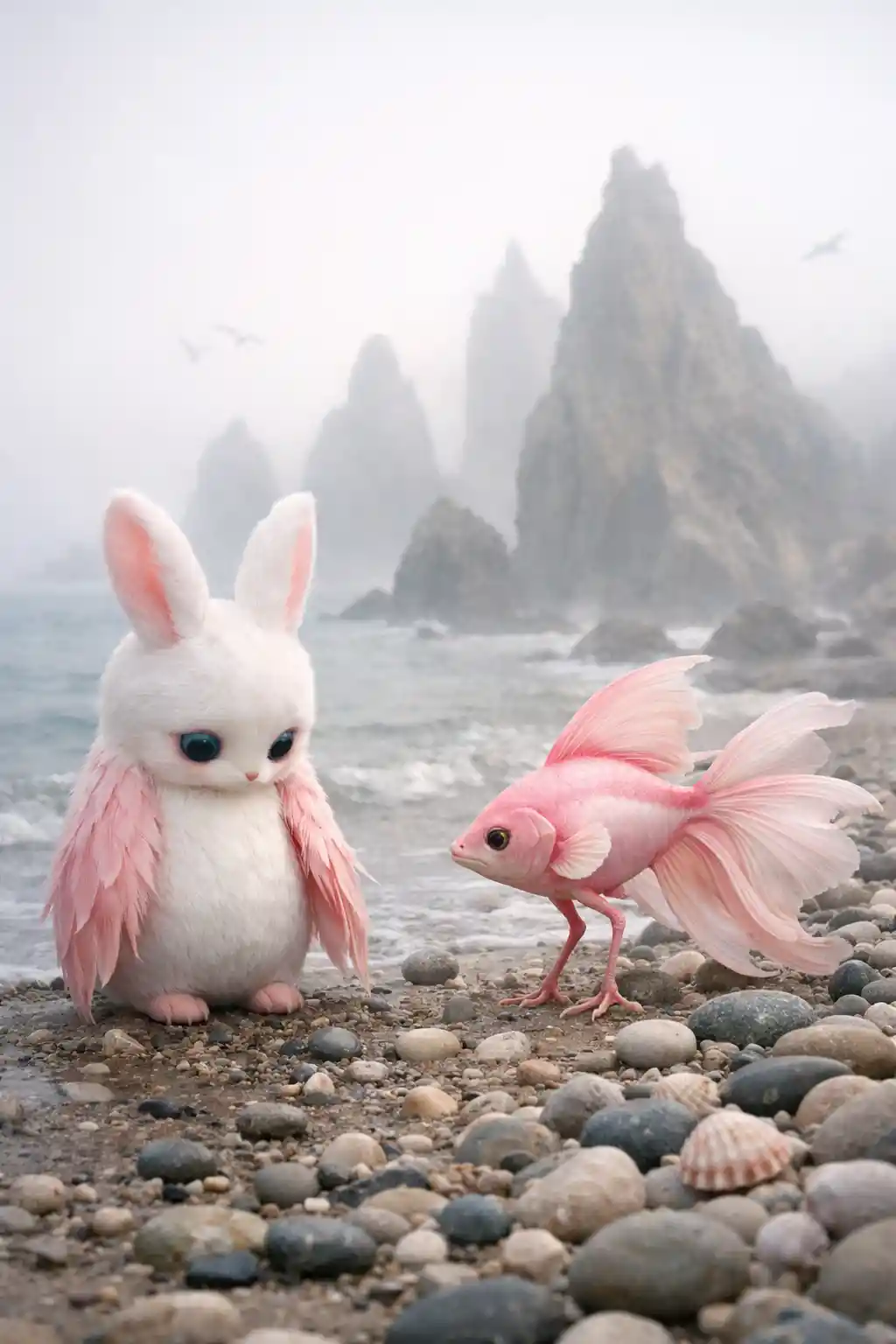 Verspieltes hasenähnliches Wesen an einem nebligen surrealen Strand
