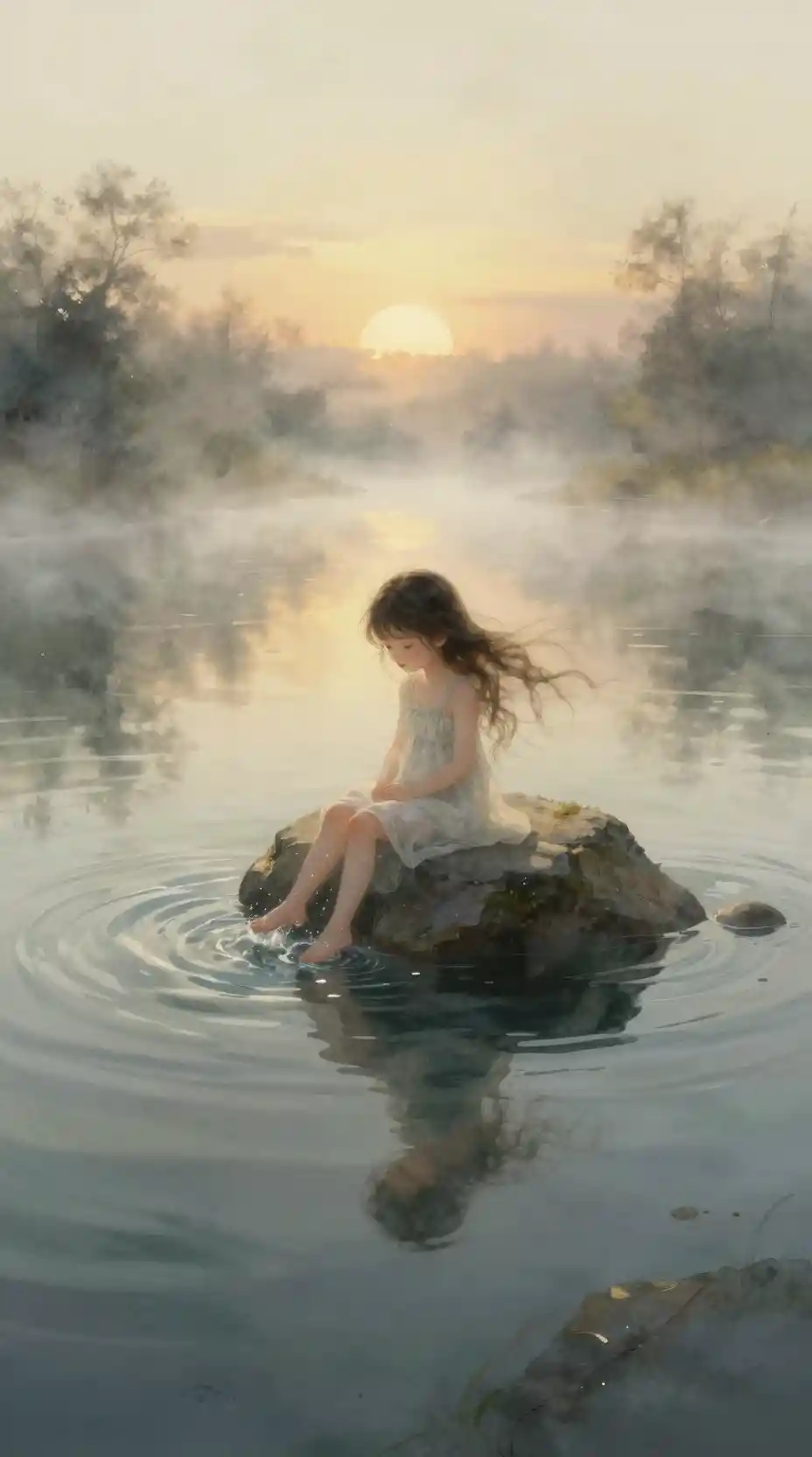 Ragazza chibi ad acquerello seduta su una roccia in un fiume nebbioso