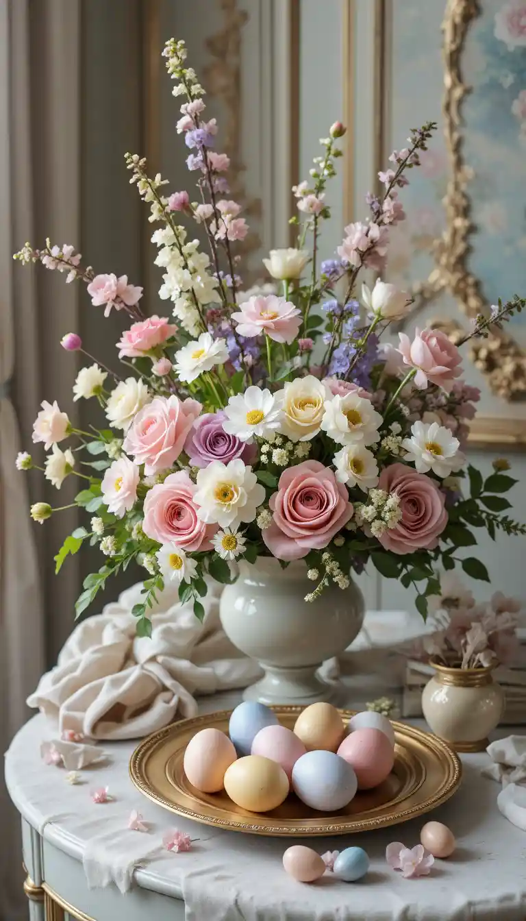 Elegante Frühlingsblumenarrangement mit Ostereiern auf dem Tisch