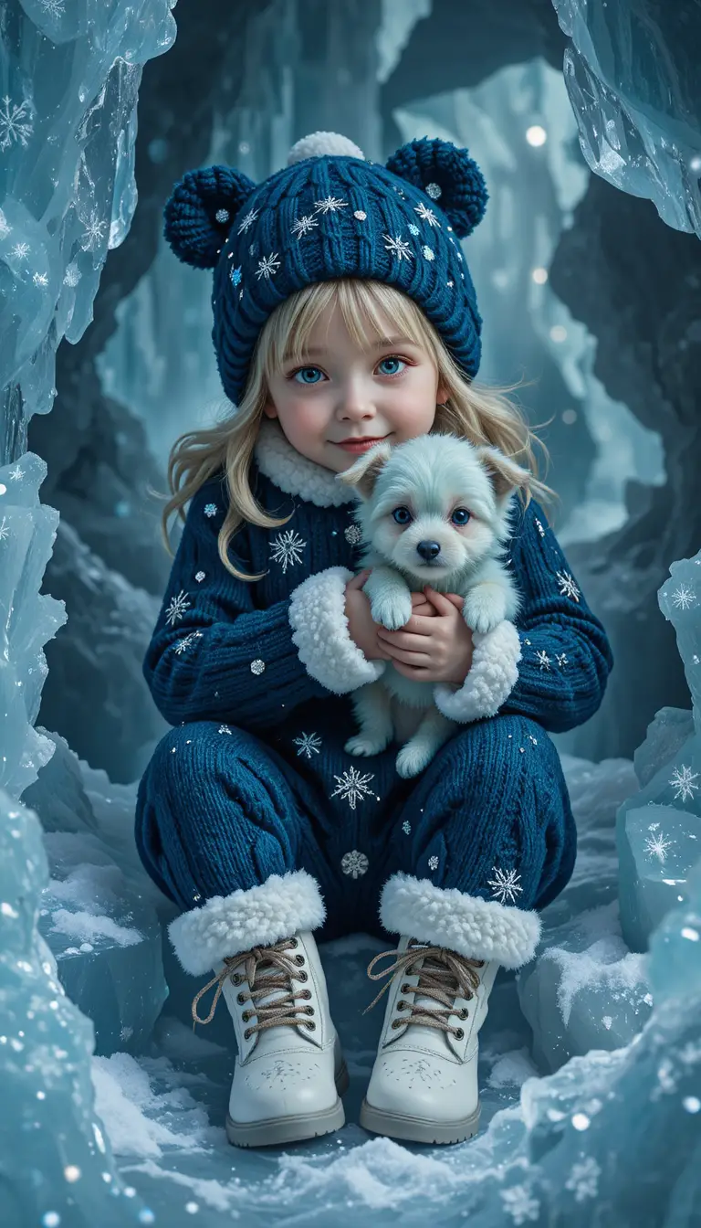 Bambina che abbraccia un cucciolo in una magica grotta di ghiaccio