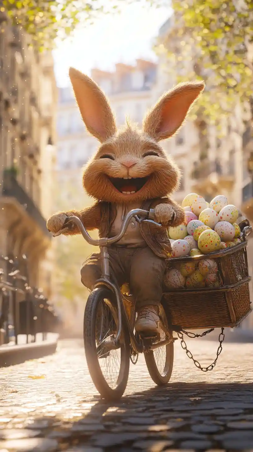 Joyful Easter rabbit cycling through sunny Paris streets