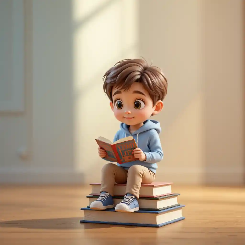 Cute 3D boy reading on a stack of books