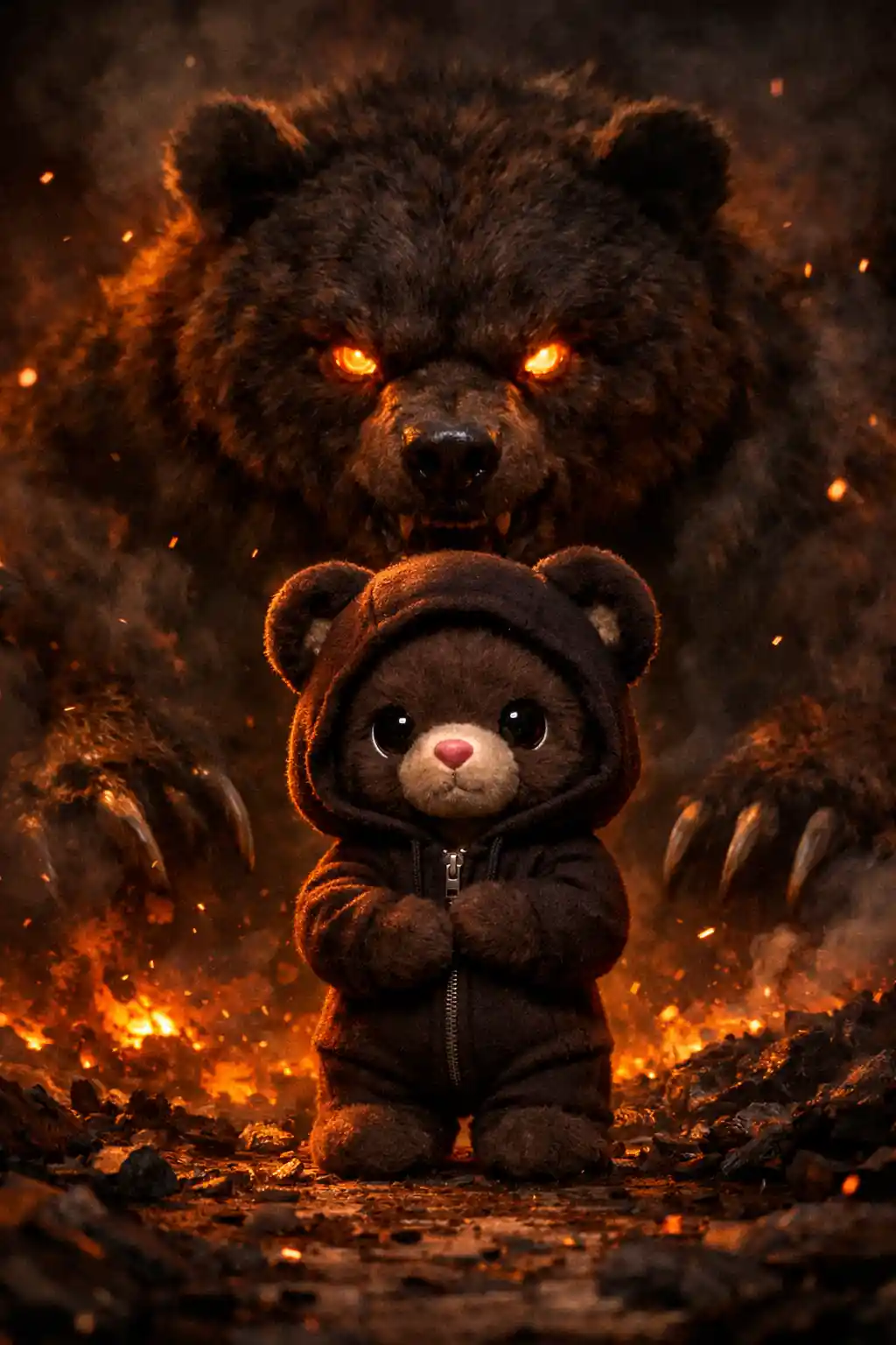 Small hooded teddy bear before a looming fiery beast