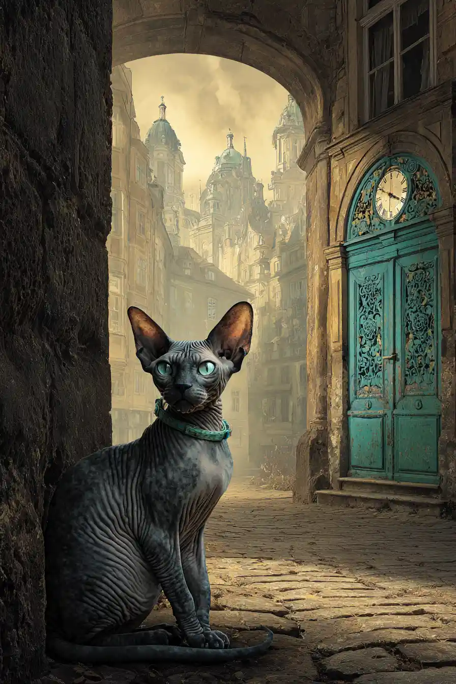Sphinx cat in a mysterious old European town square