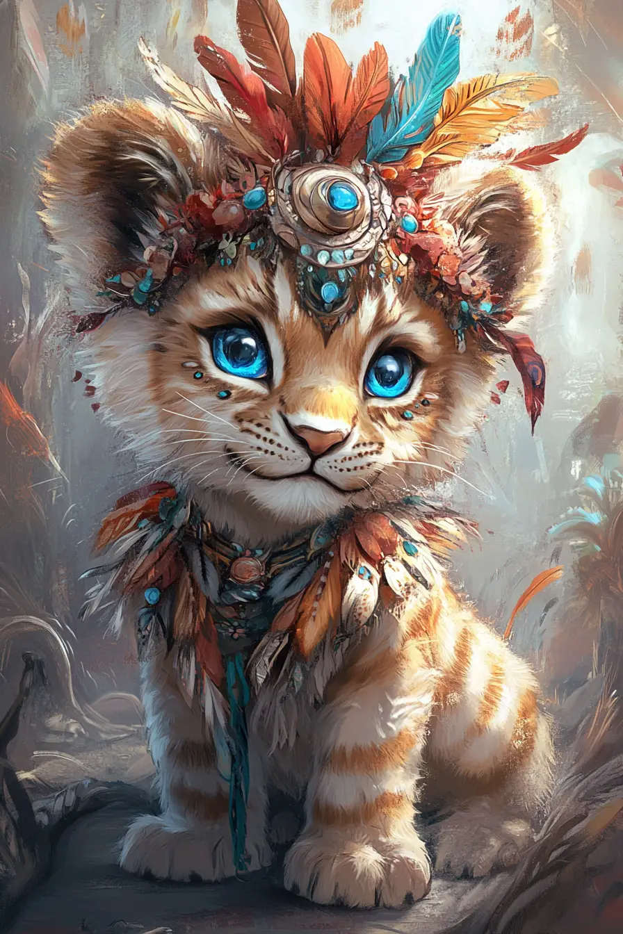 Lionceau fantastique orné avec coiffe florale à plumes