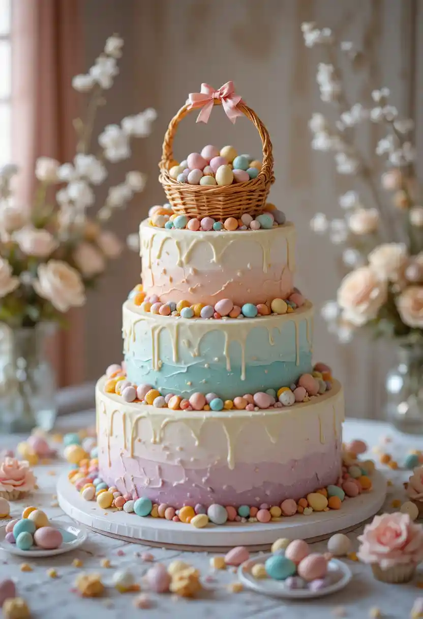 Elegante torta di Pasqua a tre piani con cestino di caramelle come topper