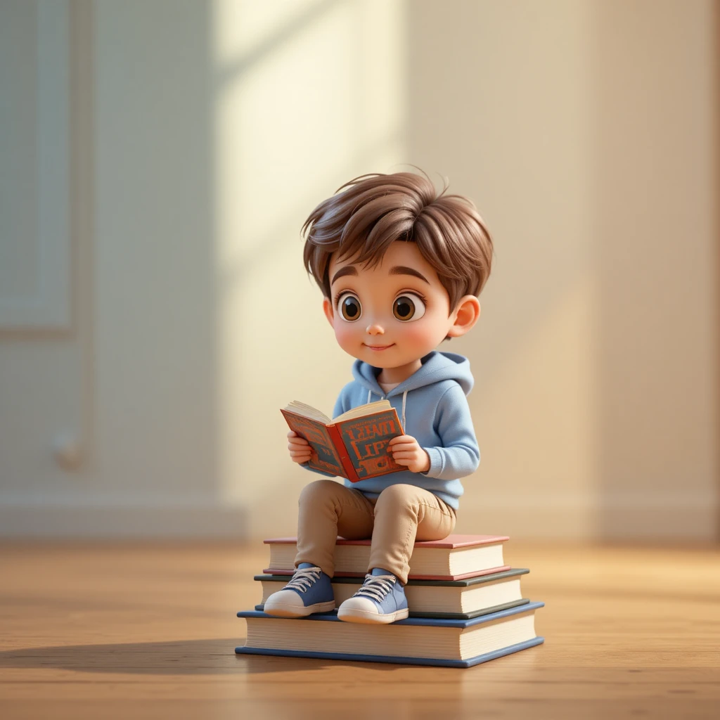 Adorável menino 3D lendo em uma pilha de livros