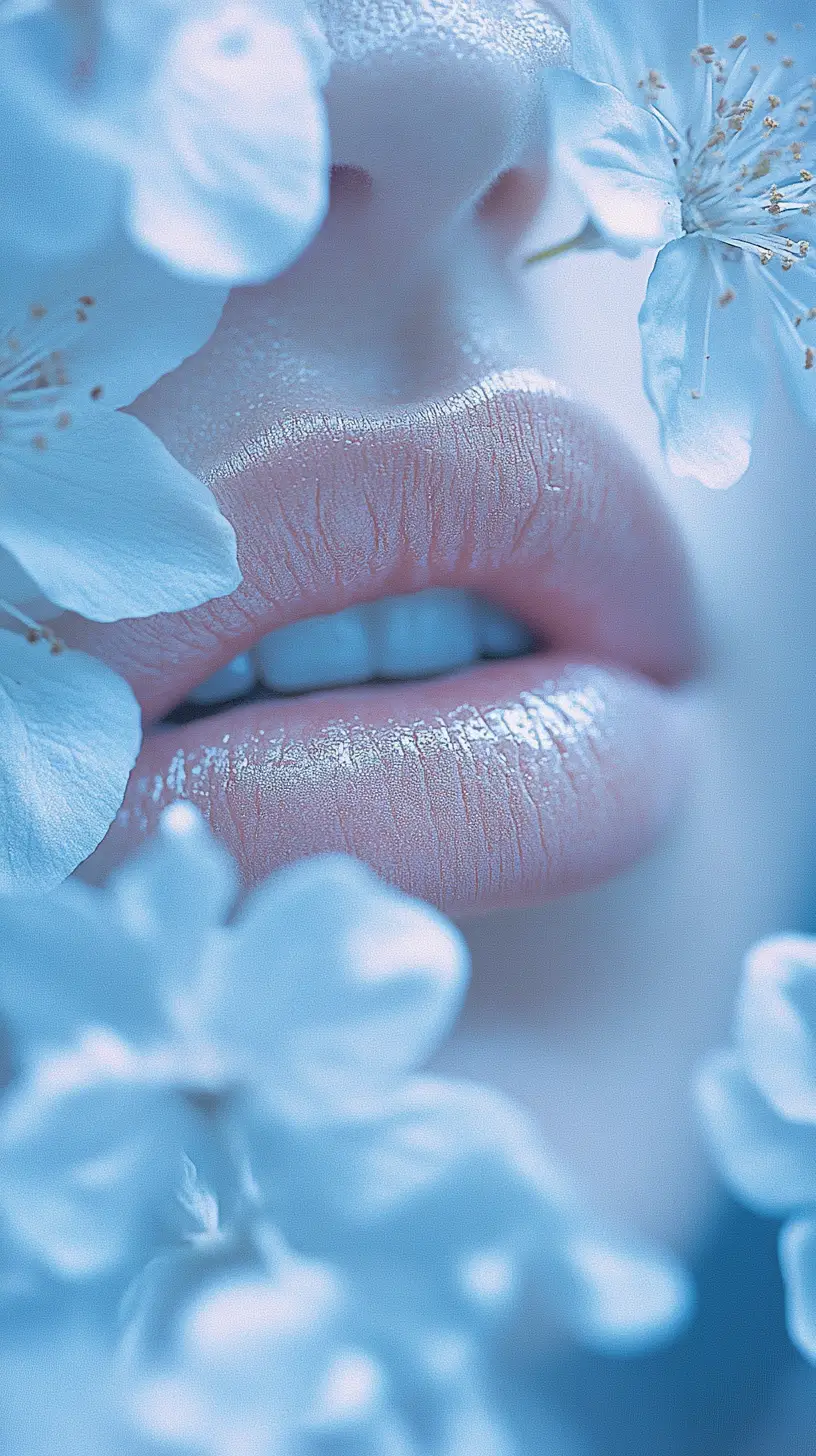 Macro close up of lips with soft white flowers