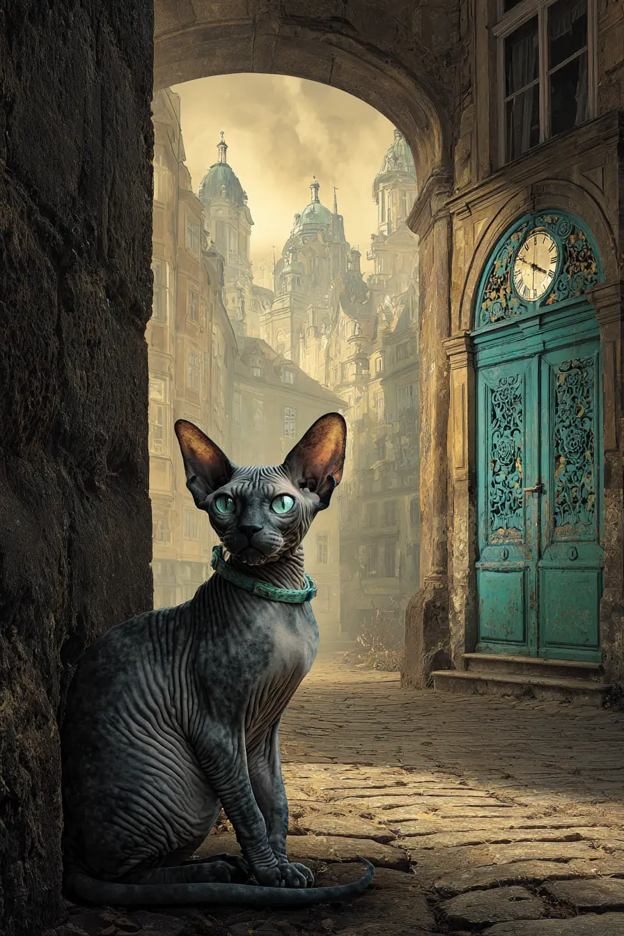 Sphynx-Katze auf einem mysteriösen alten europäischen Platz