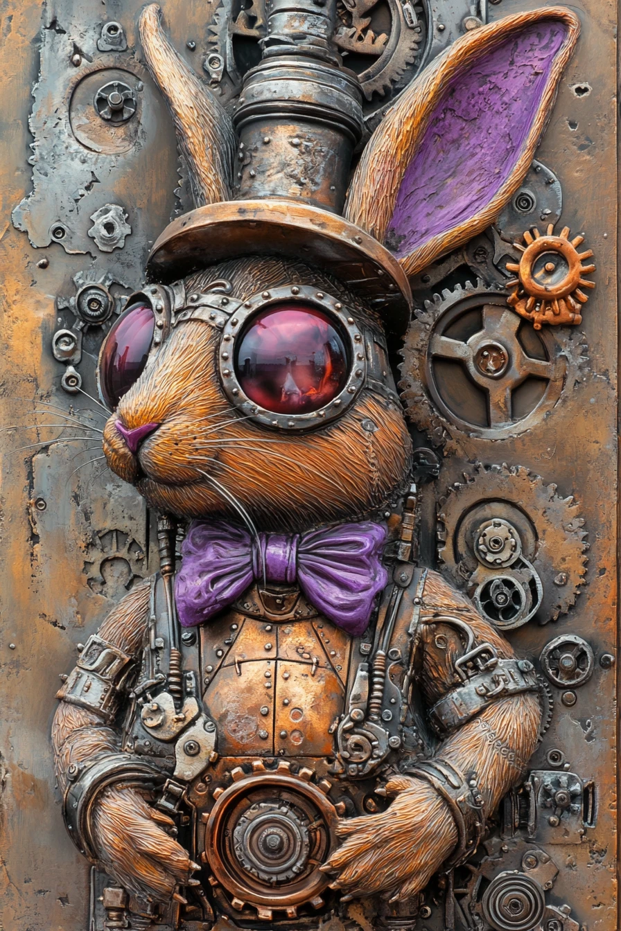 Surreal Steampunk Mechanical Rabbit In Vintage Brass Armor
