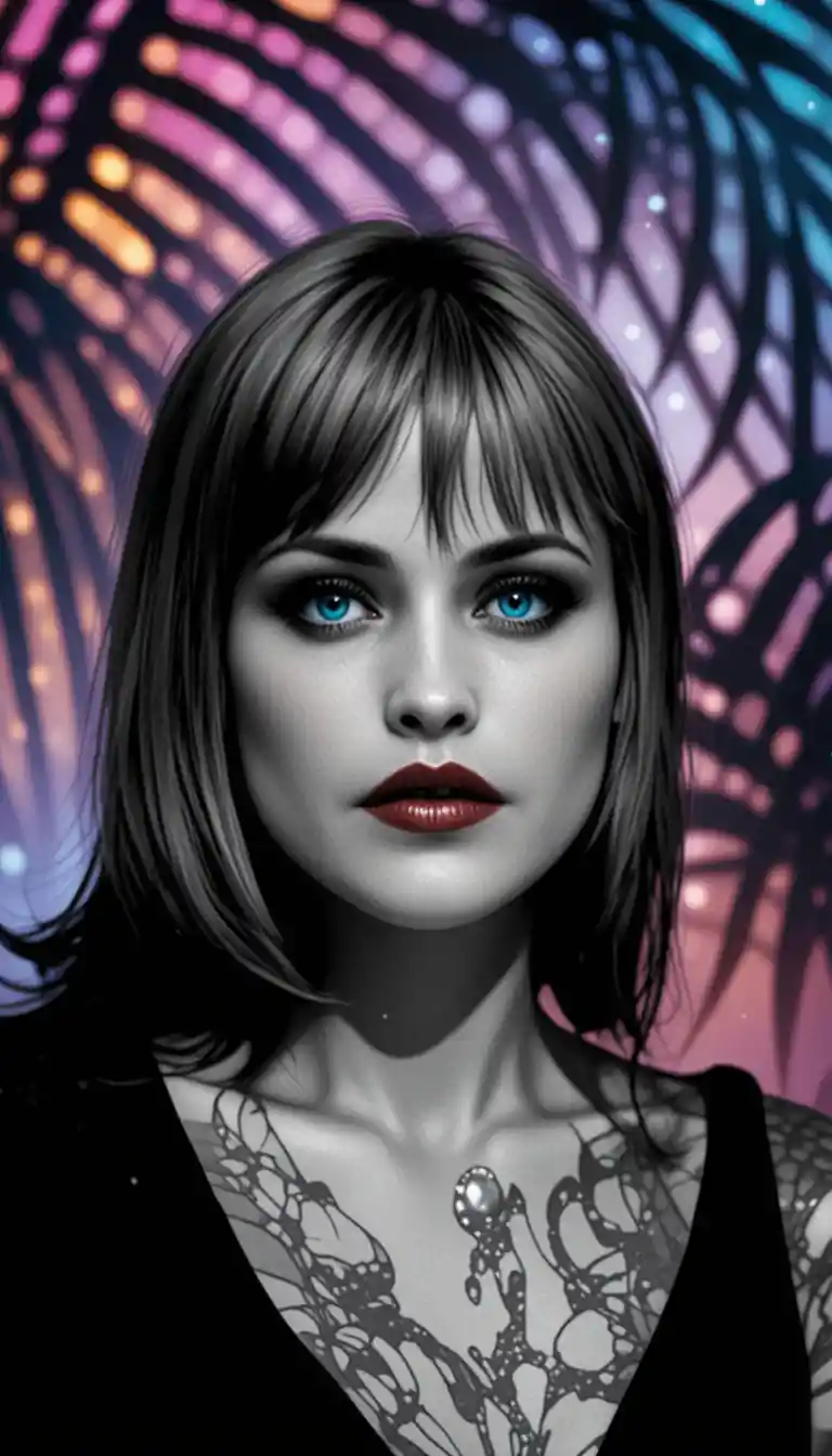 Retrato de mujer excéntrica con ojos azules y labios color granate