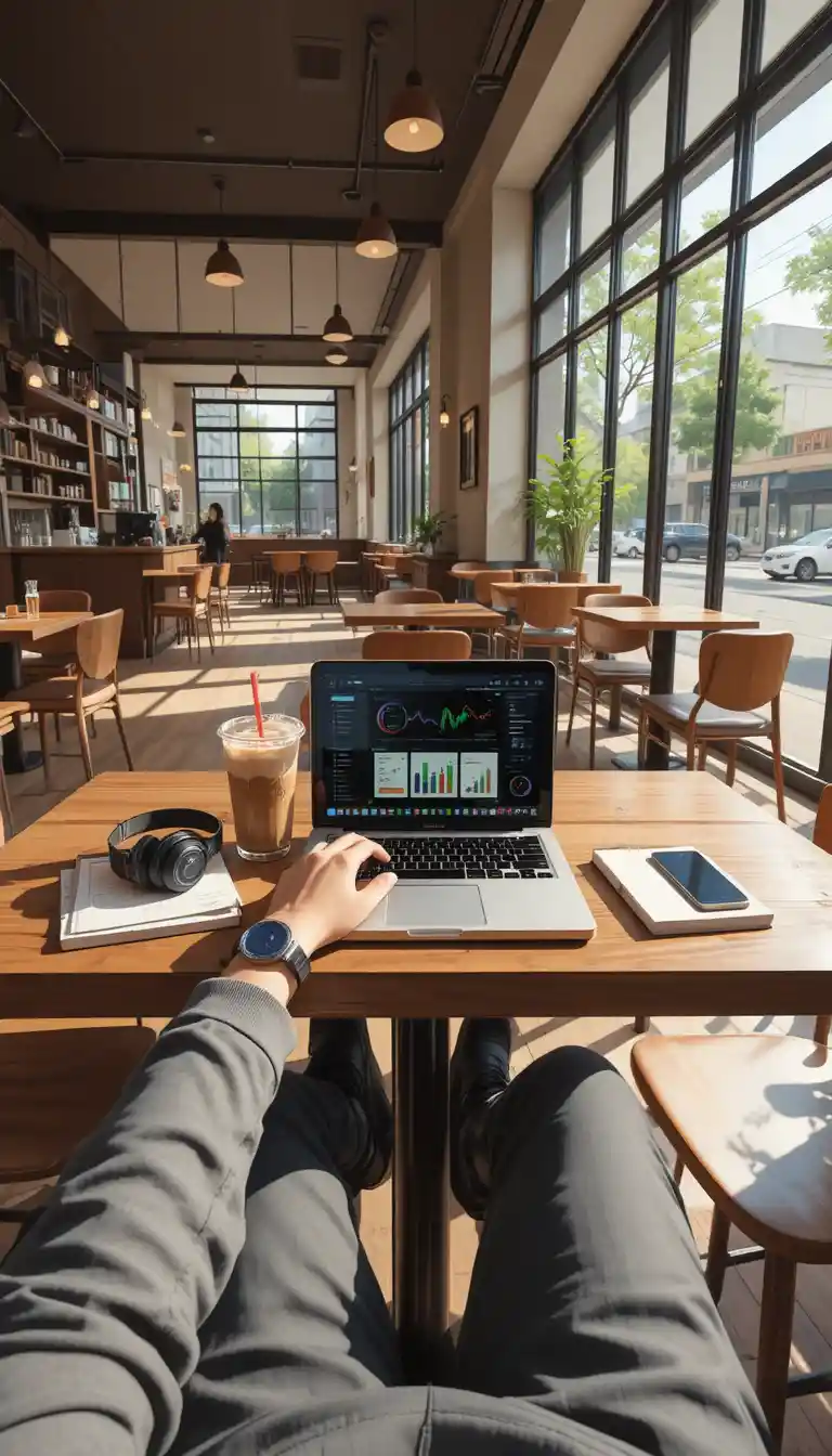 Arbeitsplatz aus der Ich-Perspektive in einem gemütlichen, modernen Café