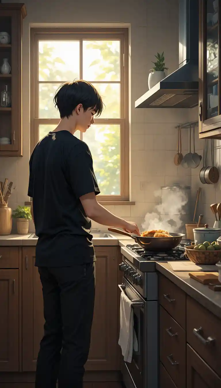 Jovem preparando o café da manhã em uma cozinha aconchegante estilo anime