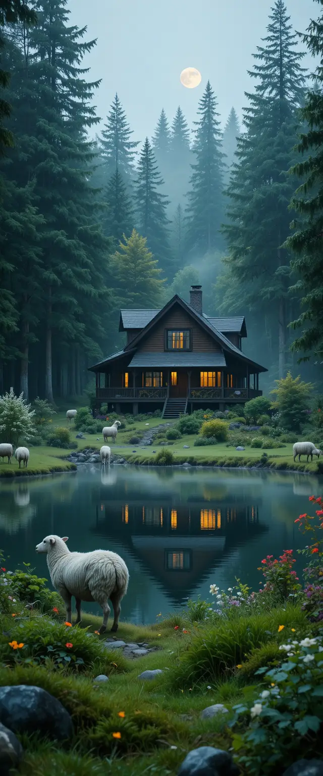 Cozy Wooden House Beside Reflective Forest Lake With Sheep