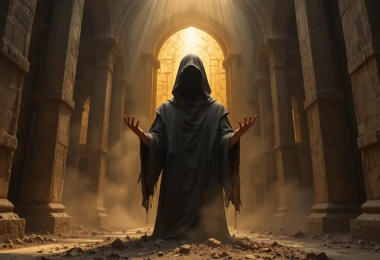 Woman with bloody hands in a sacred stone chamber