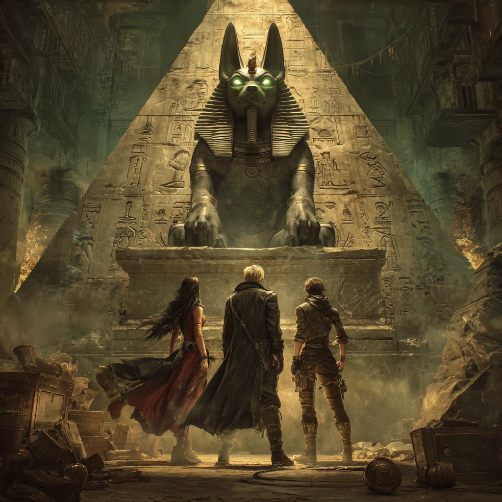 Aventureros steampunk frente a una estatua de Anubis en una cámara de pirámide luminosa