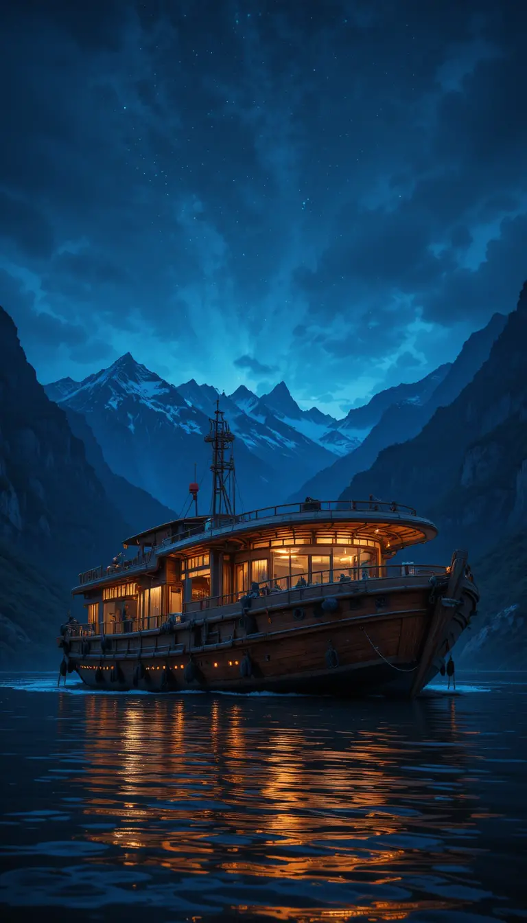 Futuristic luxury houseboat glowing against a dark mountainside