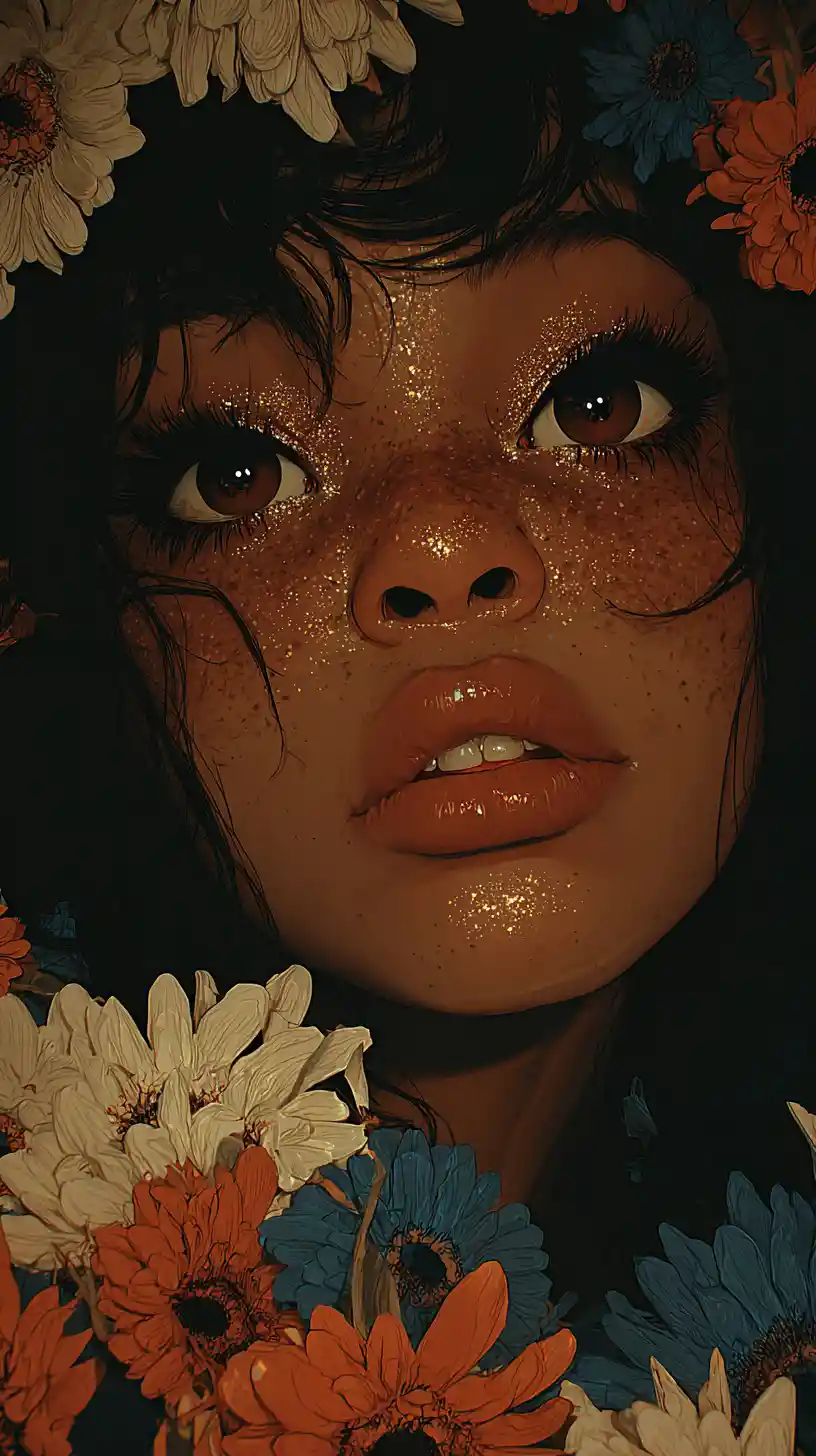 Young black woman portrait with colorful floral headpiece