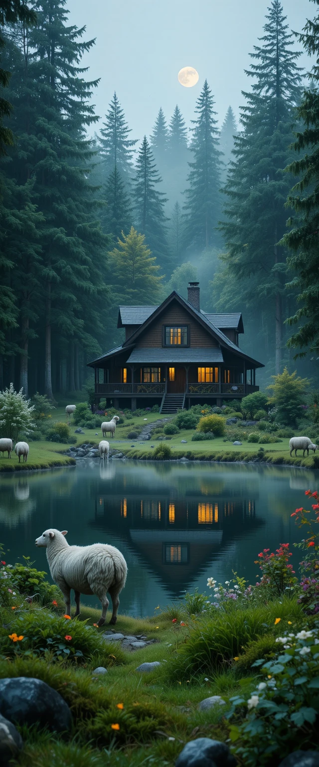 Cozy Wooden House Beside Reflective Forest Lake With Sheep