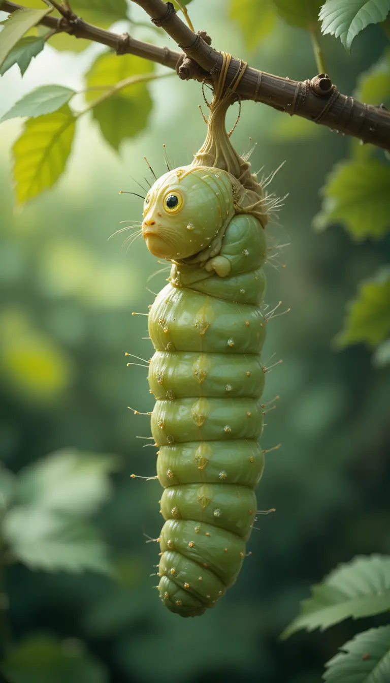 Raupe bildet eine Chrysalis an einem Zweig vor weichem Hintergrund