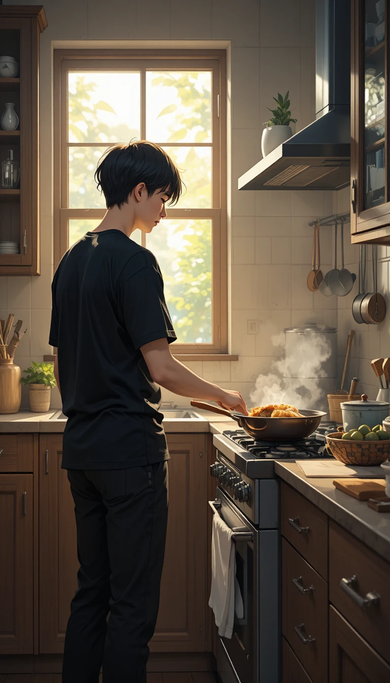 Joven cocinando el desayuno en una acogedora cocina de estilo anime