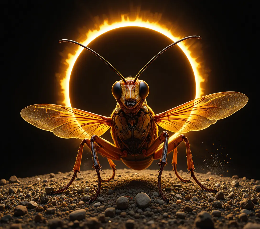 극적인 구름 위로 빛나는 코로나를 두른 개기일식