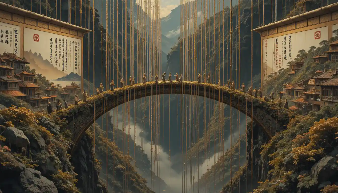 Surreal schwebende Brücke zwischen zwei verzerrten Stadtscrolls