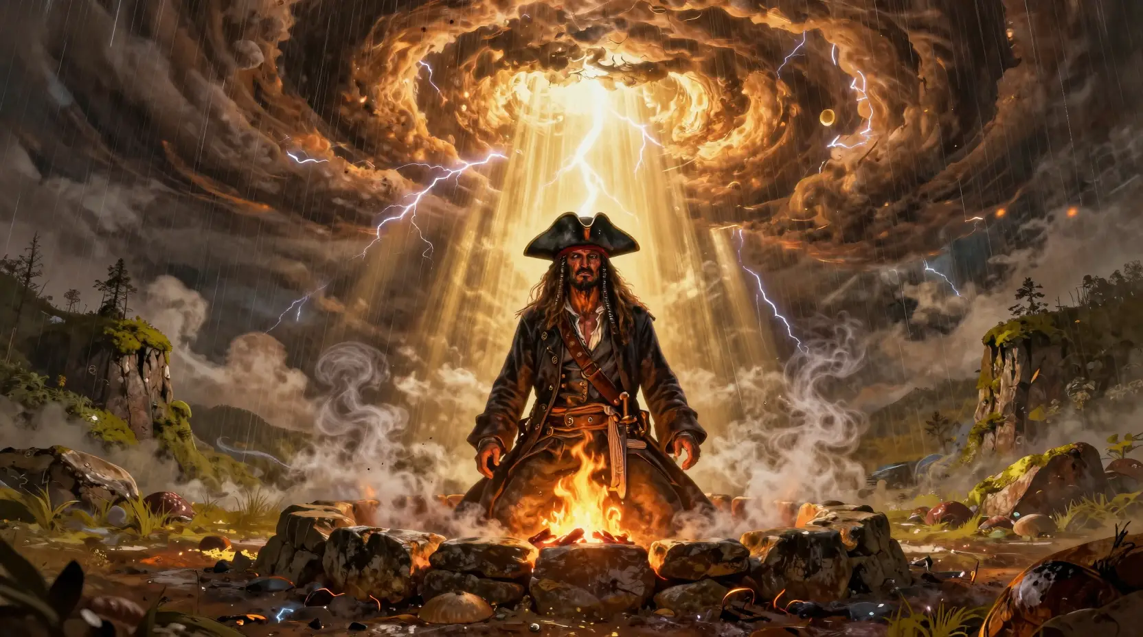 Pirate à genoux en dévotion devant une tempête sacrée