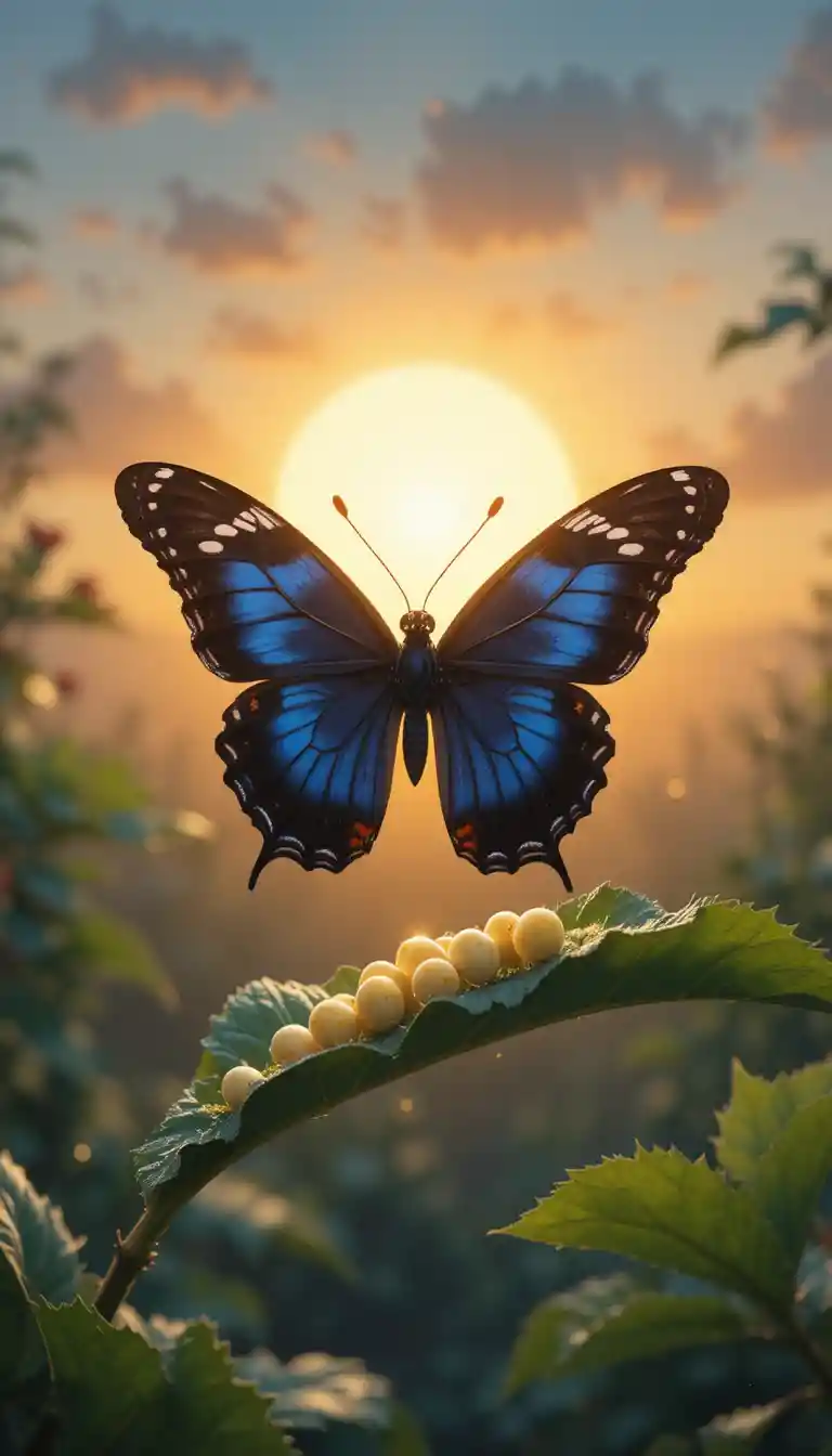 Farfalla che depone uova su una foglia alla calda luce dell’alba