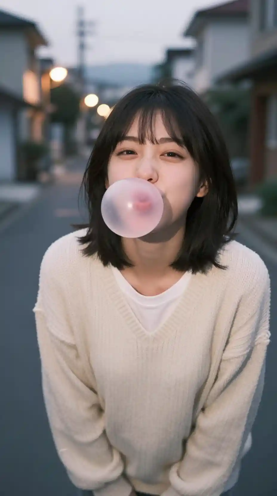 Playful girl blowing pink bubble gum at dusk street