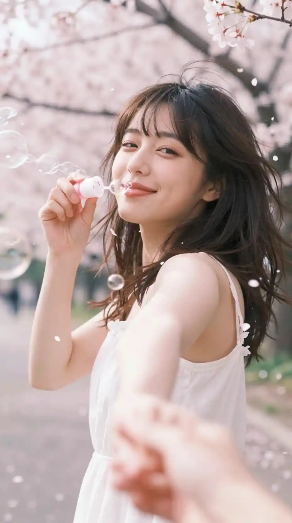 Ragazza giapponese che soffia bolle di sapone sotto delicati ciliegi in fiore