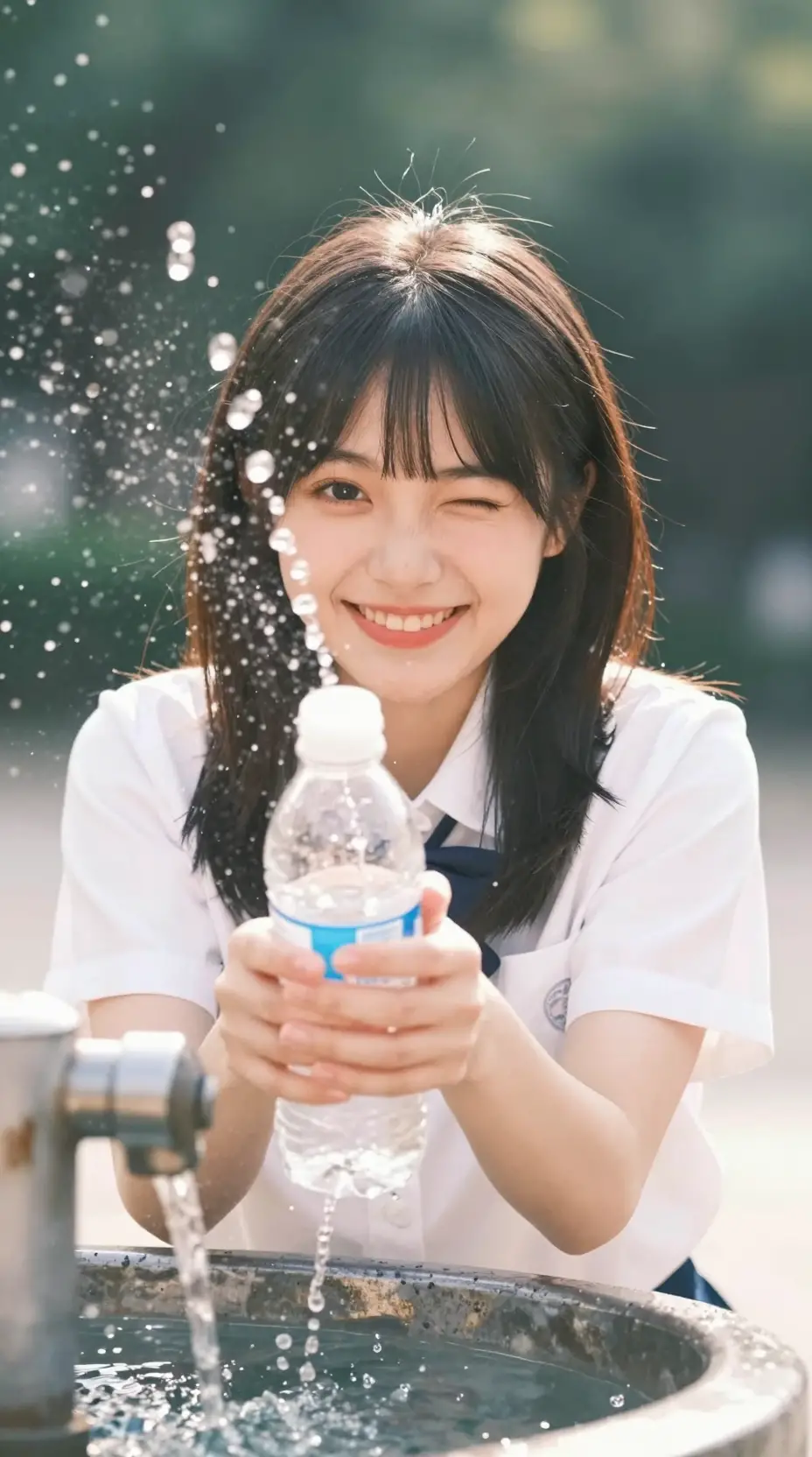 Playful Japanese girl splashing water at campus fountain
