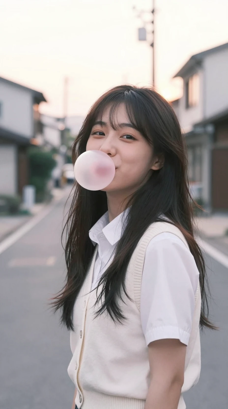 Japanese girl blowing bubble gum on a sunset street