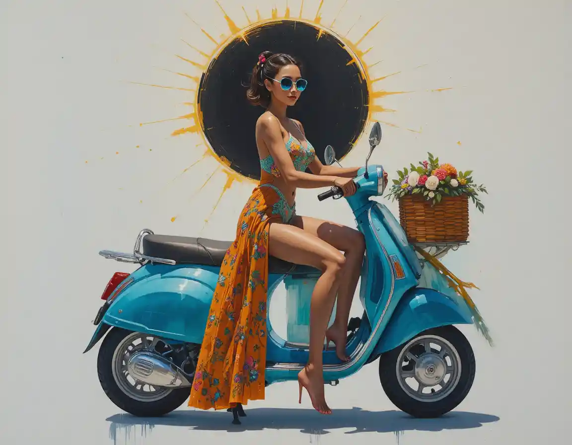 Giovane donna su scooter turchese in soleggiata strada costiera