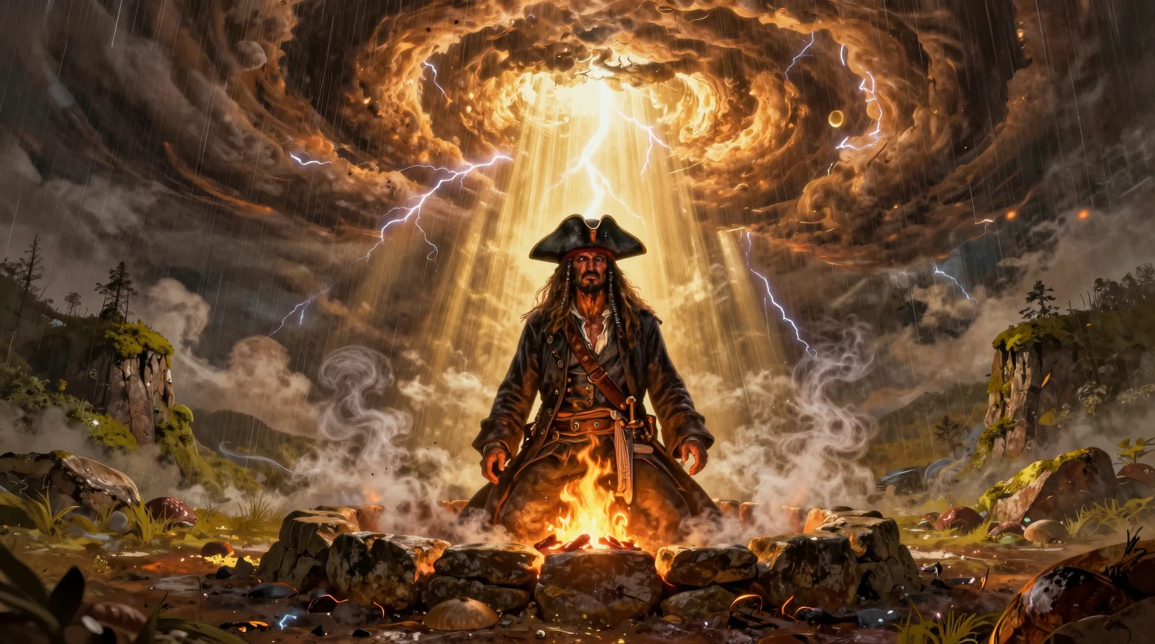 Pirata in ginocchio in devozione davanti a una tempesta sacra